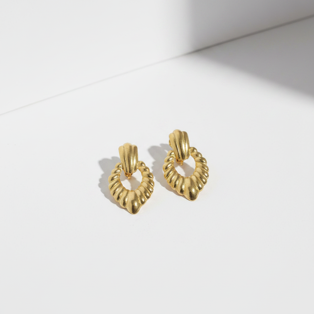 Gold vintage ribbed scalloped drop earrings with antique finish